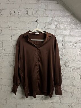 Peppermayo Brown Satin Button-Down Shirt